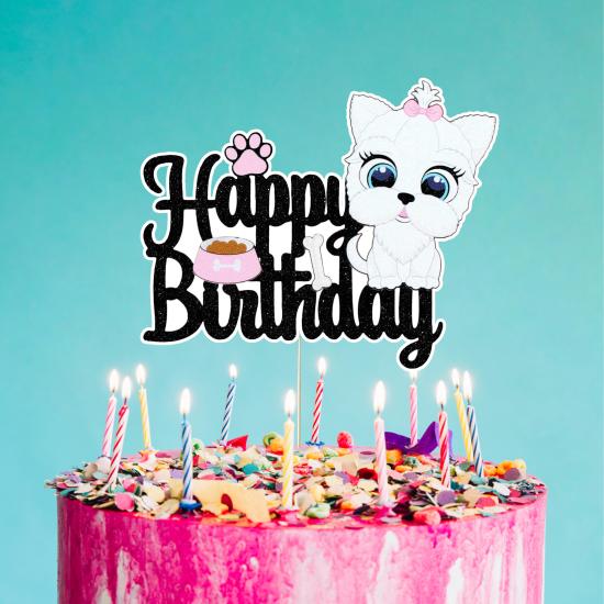 Sevimli Kedi Temalı Happy Birthday Pasta Süsü