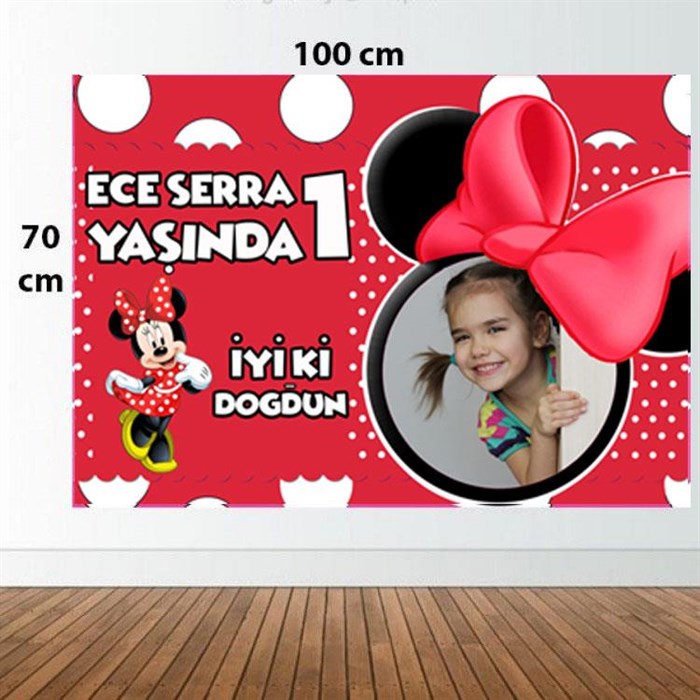 Kişiye Özel Minnie Mouse Temalı Kırmızı Doğum Günü Afişi